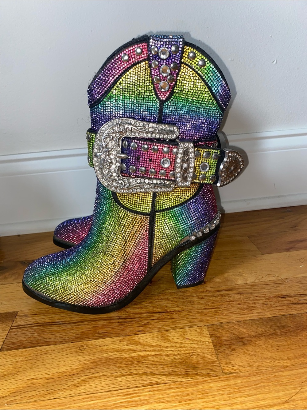 Dolls Kill Rainbow Rhinestone Cowboy Boots with Crystal Buckle brand new size 6 - Picture 3 of 3